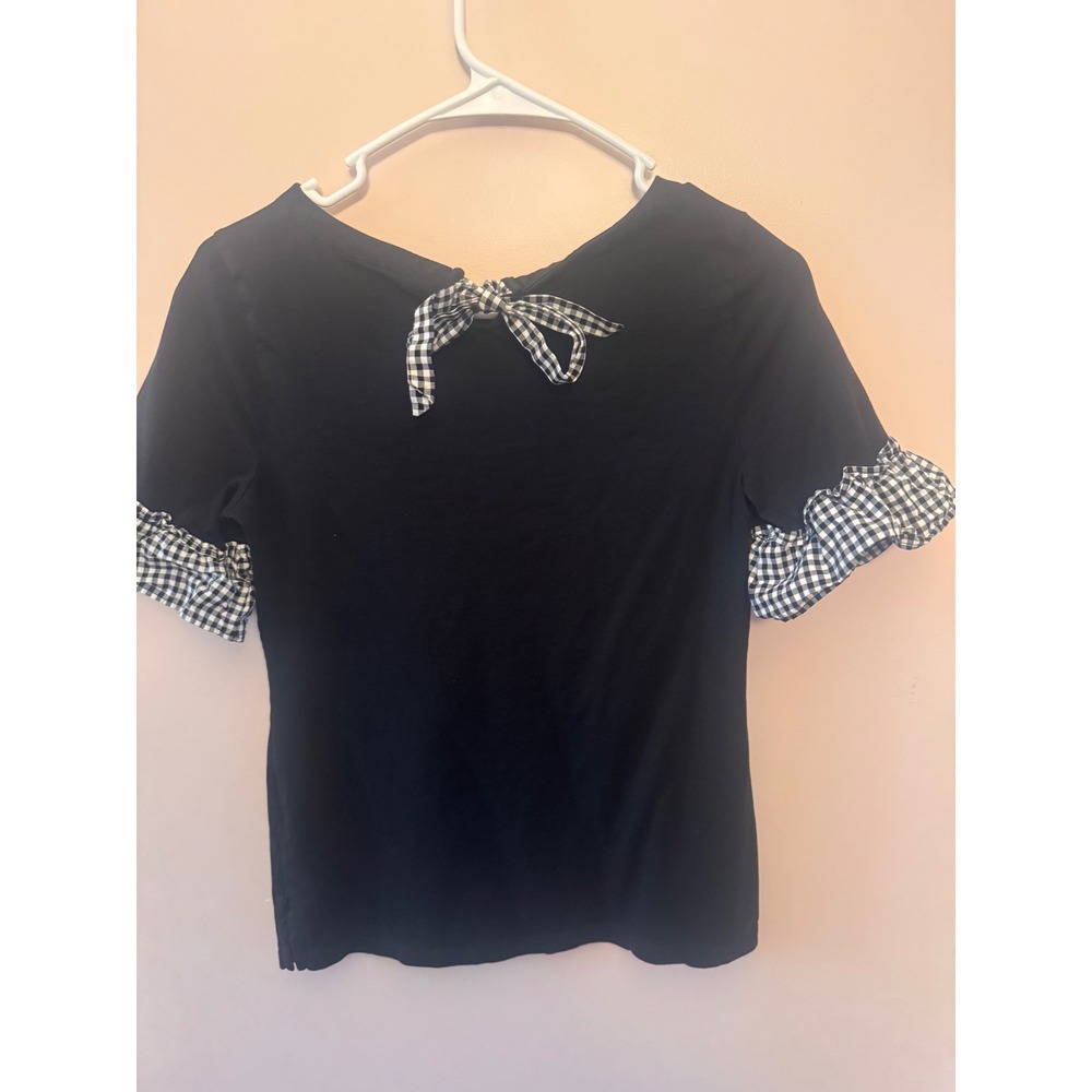 Talbots Small Petite‎ Black Top with Gingham Ruffle trim on sleeves and bow.